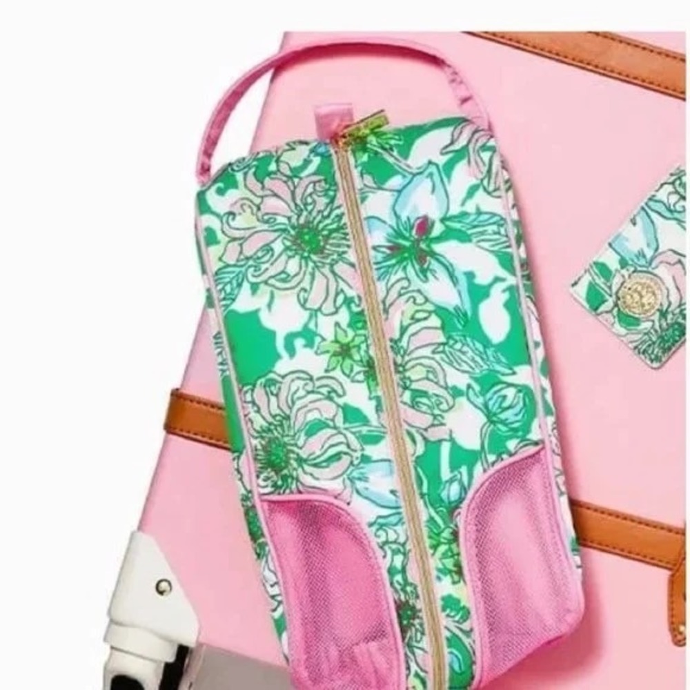 Lilly Pulitzer Shoe Bag Pink/Green Floral Zip Closure NWOT Travel Preppy
